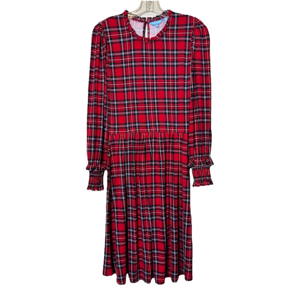 Draper James Kitty Knit Dress in the Angie Plaid (Lipstick Red Multi) pattern XS